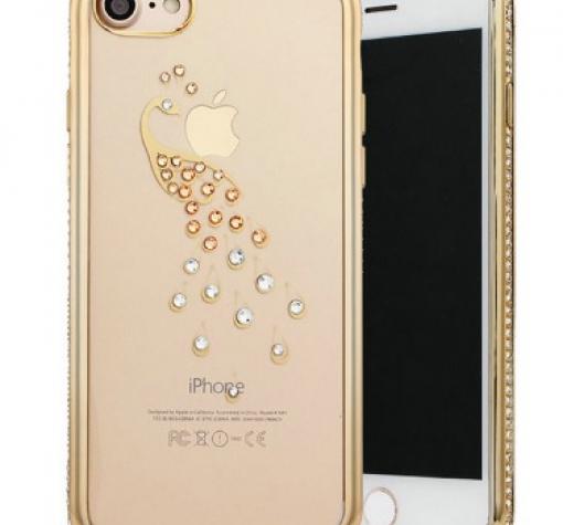 Луксозен силиконов калъф / гръб / TPU с камъни за Apple iPhone 7- прозрачен със златист кант / паун