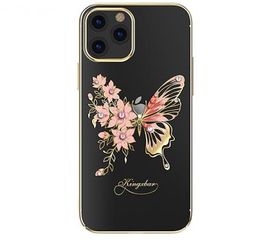 Луксозен твърд гръб KINGXBAR Swarovski Diamond за Apple iPhone 12 Mini 5.4" - прозрачен със златист кант / розова пеперуда