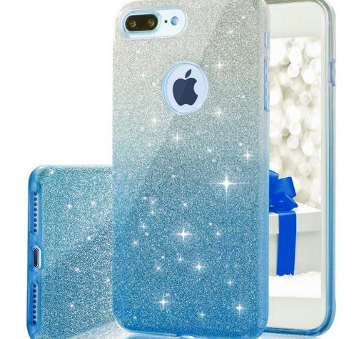 Силиконов калъф / гръб / TPU за Apple iPhone 7 Plus / iPhone 8 Plus - преливащ / сребристо и синьо / брокат