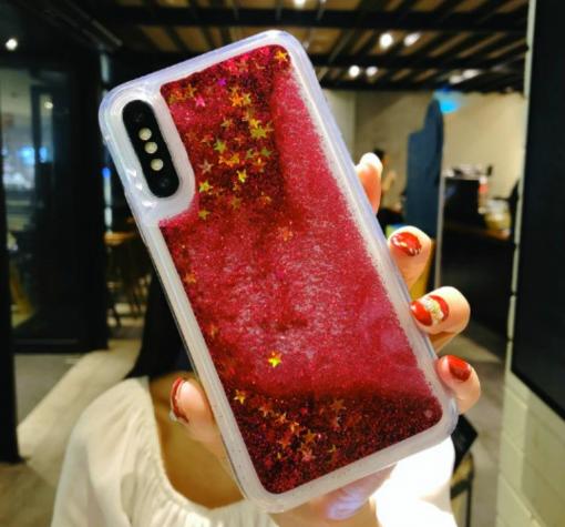 Луксозен твърд гръб 3D Water Case за Samsung A7 2018 A750F - прозрачен / течен гръб с червен брокат / звездички