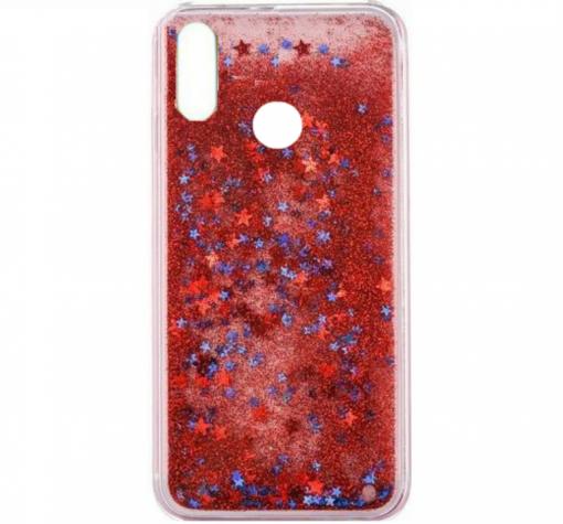 Луксозен твърд гръб 3D Water Case за Huawei Honor 8X - прозрачен / течен гръб с червен брокат / звездички