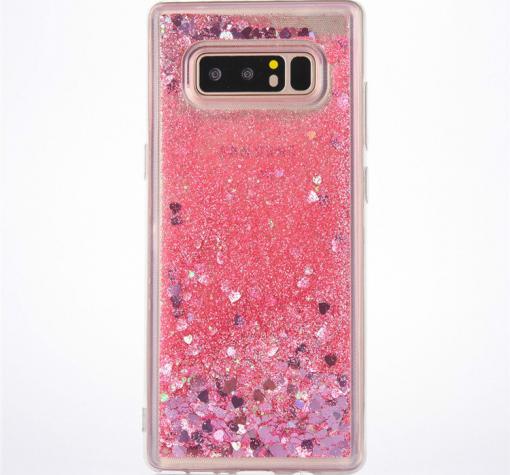 Луксозен твърд гръб 3D Water Case за Samsung S10 - прозрачен / течен гръб с брокат / сърца / розов