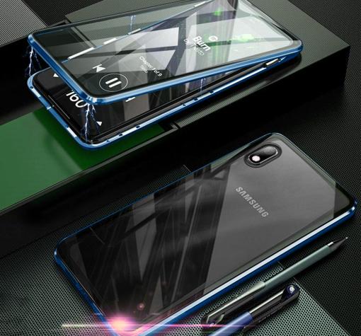 Магнитен калъф Bumper Case 360° FULL за Samsung A10/M10 - прозрачен / синя рамка