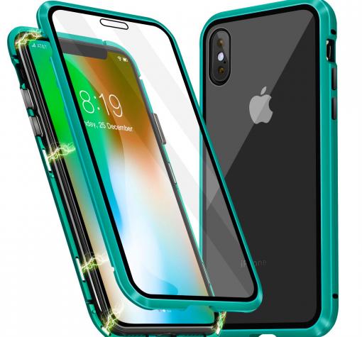 Магнитен калъф Bumper Case 360° FULL за Apple iPhone X / iPhone XS - прозрачен / зелена рамка