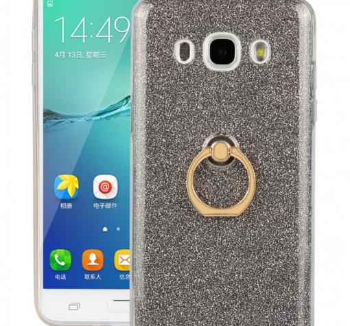 Луксозен силиконов гръб със стойка за Samsung J7 2016 J710 - тъмно сив / брокат
