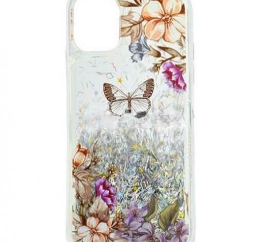 Луксозен твърд гръб 3D Water Case за Samsung A20s - течен гръб с сребрист брокат / цветя и пеперуда