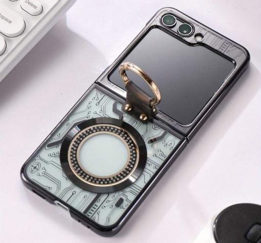 Луксозен твърд гръб / кейс / Mechanical Case Ring Holder за Samsung Z Flip 6 - черен