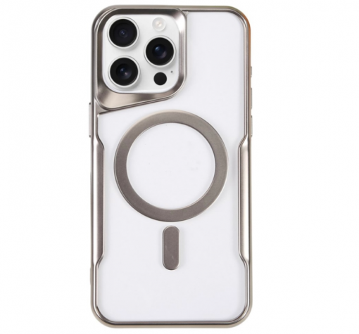 Луксозен силиконов калъф / кейс / MagSafe metal case за iPhone 16 Pro - прозрачен гръб / златист кант