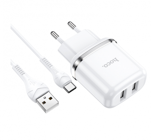 Зарядно устройство HOCO N4 220V / Dual USB to Type C - бяло