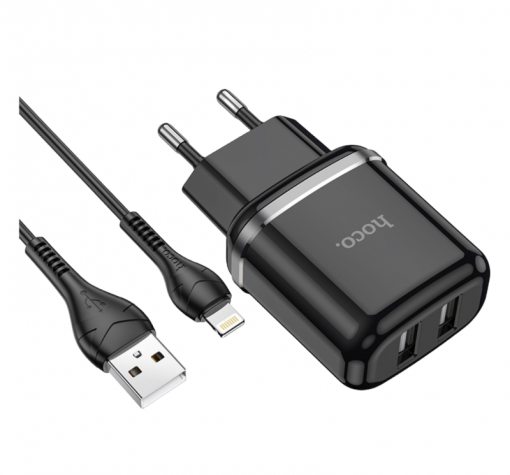 Зарядно устройство HOCO N4 220V / Dual USB to Lightning - черно