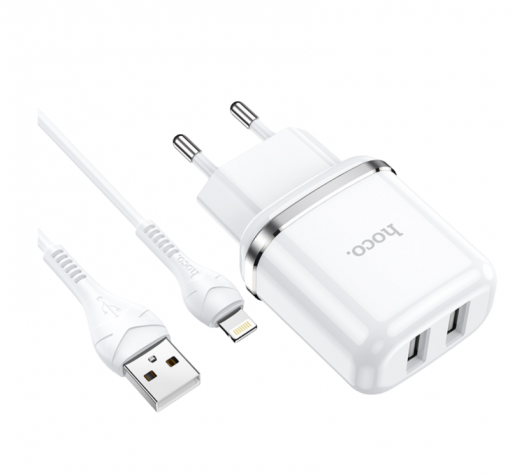 Зарядно устройство HOCO N4 220V / Dual USB to Lightning - бяло