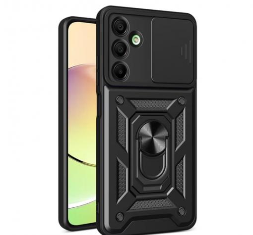 Удароустойчив гръб TPU кейс Slide Camera Case Magnetic Finger Ring Car Holder за Samsung A16 - черен