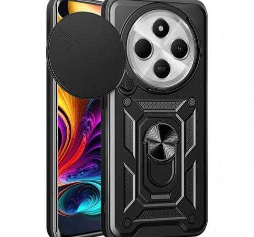 Удароустойчив гръб TPU кейс Slide Camera Case Magnetic Finger Ring Car Holder за Xiaomi Redmi 14C - черен