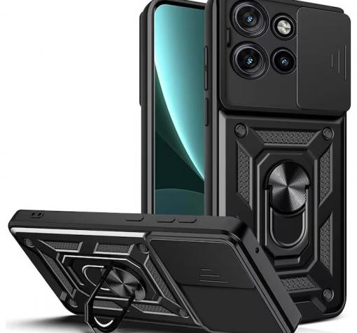 Удароустойчив гръб TPU кейс Slide Camera Case Magnetic Finger Ring Car Holder за Motorola Moto G75 - черен