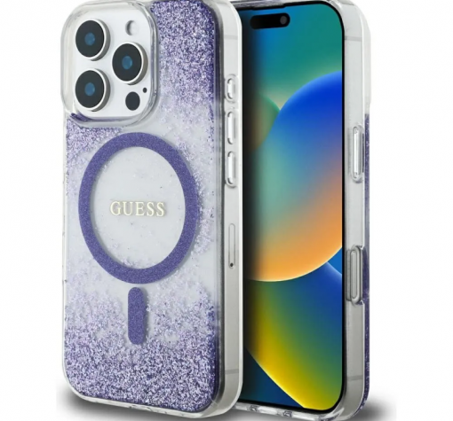 Оригинален калъф / гръб / GUESS Bottom Glitter с безжично зареждане MagSafe кейс за Apple iPhone 16 Pro (6.3) - лилав брокат