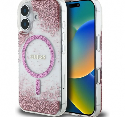 Оригинален калъф / гръб / GUESS Bottom Glitter с безжично зареждане MagSafe кейс за Apple iPhone 16 (6.1) - розов брокат