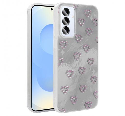 Луксозен силиконов калъф / гръб / TPU Ponti Case за Samsung A26 / Samsung A17 - сив кейс / сърца с камъни