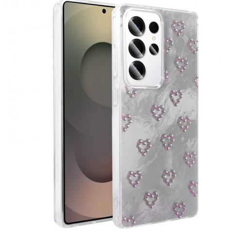 Луксозен силиконов калъф / гръб / TPU Ponti Case за Samsung S25 Ultra - сив кейс / сърца с камъни