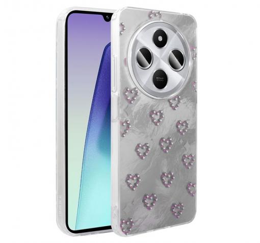 Луксозен силиконов калъф / гръб / TPU Ponti Case за Xiaomi Redmi 14C - сив / сърца с камъни