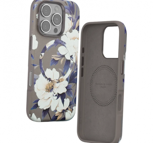 Луксозен гръб / кейс / Flower Series Case с безжично зареждане MagSafe за Apple iPhone 16 Pro (6.3) - сив / цветя