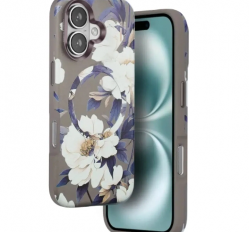 Луксозен гръб / кейс / Flower Series Case с безжично зареждане MagSafe за Apple iPhone 16 (6.1) - сив / цветя