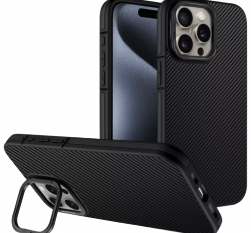Луксозен гръб / кейс / Carbon Stand Case за Apple iPhone 15 (6.1) - черен / стойка