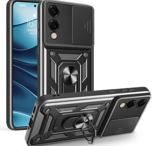 Удароустойчив гръб TPU кейс Slide Camera Case Magnetic Finger Ring Car Holder за Samsung S25 Edge - черен