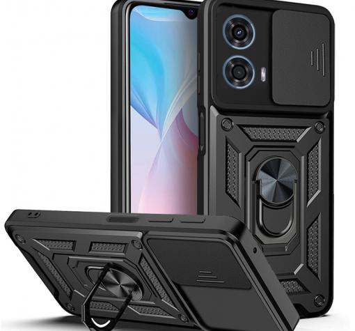 Удароустойчив гръб TPU кейс Slide Camera Case Magnetic Finger Ring Car Holder за Motorola Moto G24 / G04 / E14 - черен