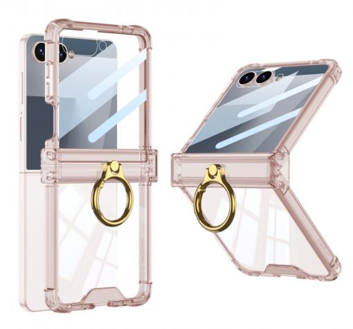 Луксозен удароустойчив калъф / гръб / Ring Case за Samsung Z Flip 7 - розов / прозрачен