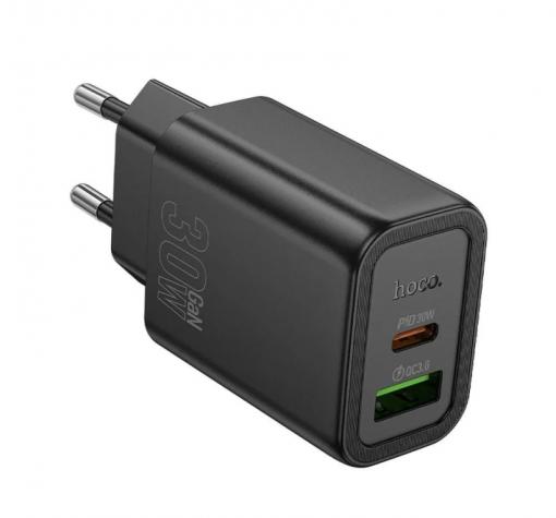 Универсално зарядно устройство / адаптер / HOCO N63 220V 30W / 2 ports / USB & Type C - черно