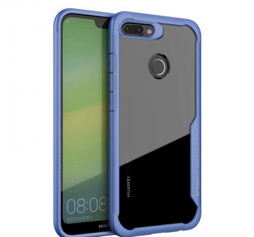 Луксозен твърд гръб IPAKY за Huawei Y6 2018 / Honor 7A - прозрачен / силиконов син кант