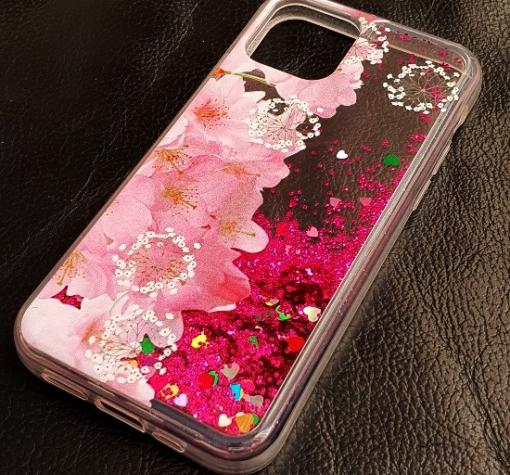 Луксозен гръб 3D Water Case за Apple iPhone 12 /12 Pro 6.1'' - течен гръб с брокат / прозрачен с розови цветя