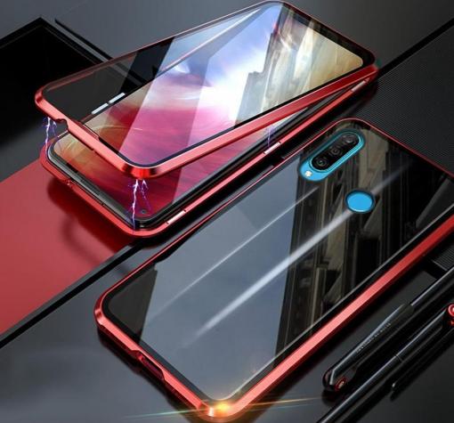 Магнитен калъф Bumper Case 360° FULL за Huawei P Smart Z / Y9 Prime 2019 - прозрачен / червена рамка