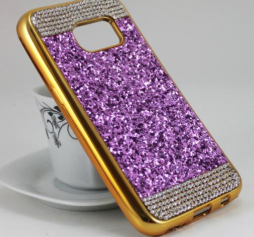 Луксозен силиконов калъф / гръб / TPU с камъни за Samsung S7 G930 - лилав / златист кант
