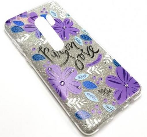 Силиконов калъф / гръб / TPU за Xiaomi Redmi 9 - сребрист брокат / лилави цветя / Put on Love
