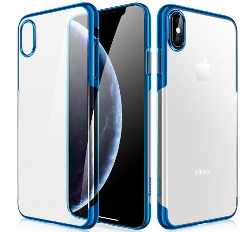 Луксозен твърд гръб Baseus Glitter Clear Case за Apple iPhone XS Max - прозрачен / син кант