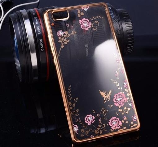 Луксозен силиконов калъф / гръб / TPU с камъни за Huawei Ascend P8 Lite / Huawei P8 Lite - розови цветя / златист кант