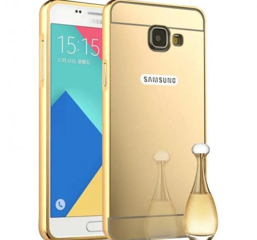 Луксозен алуминиев бъмпер с твърд гръб за Samsung A3 2016 A310 - огледален / златист кант