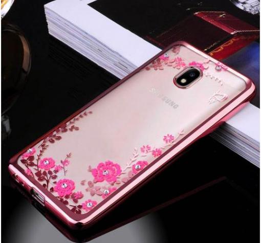 Луксозен силиконов калъф / гръб / TPU с камъни за Xiaomi Redmi 8A - прозрачен / розови цветя / Rose Gold кант