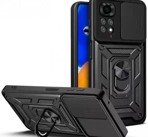 Удароустойчив гръб TPU кейс Slide Camera Case Magnetic Finger Ring Car Holder за Xiaomi Redmi Note 11 / Redmi Note 11S - черен