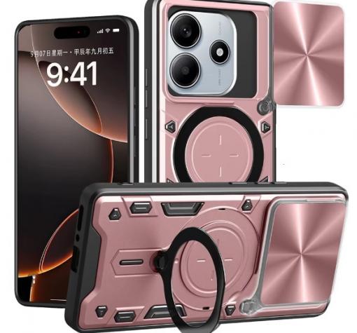 Удароустойчив гръб TPU кейс Slide Camera Case Magnetic Finger Ring Car Holder за Xiaomi Redmi Note 14 5G - розов