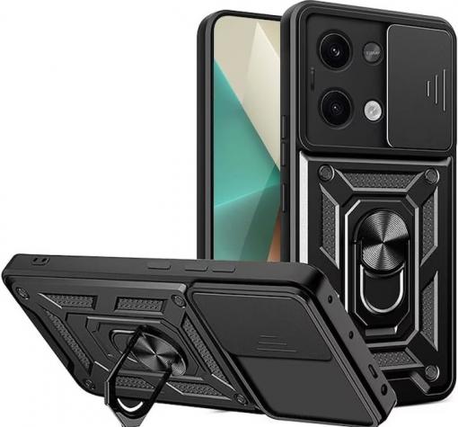 Удароустойчив гръб TPU кейс Slide Camera Case Magnetic Finger Ring Car Holder за Xiaomi Redmi Note 13 5G - черен