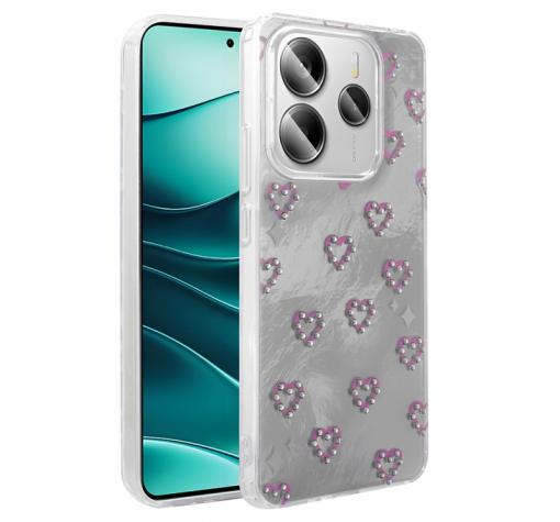 Луксозен силиконов калъф / гръб / TPU Ponti Case за Xiaomi Redmi Note 14 5G - сив / сърца с камъни