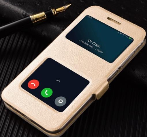 Кожен калъф Flip тефтер S-View със стойка за Xiaomi RedMi 5A - златист