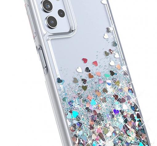 Луксозен гръб / кейс / 3D Water Case за Xiaomi Redmi 9T - прозрачен / течен гръб със сребрист брокат / сърца