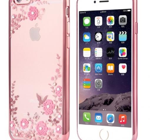Луксозен силиконов калъф / гръб / TPU с камъни за Apple iPhone 7 - прозрачен / розови цветя / Rose Gold кант