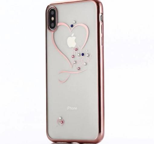 Луксозен силиконов калъф / гръб / TPU с камъни за Apple iPhone 11 6.1 - прозрачен / Rose Gold кант / сърце