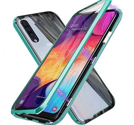 Магнитен калъф Bumper Case 360° FULL за Samsung A70 - прозрачен / зелена рамка