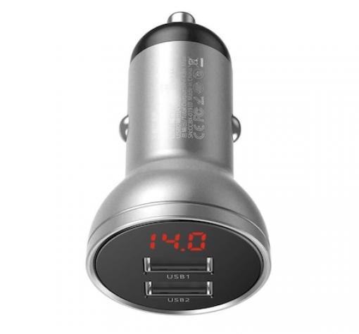 Универсално зарядно за кола Baseus Digital Display Dual USB Car Charger / Input: 12V - 24V / Output: USB1 5V-2.4A / USB2: 5V-2.4A - сиво