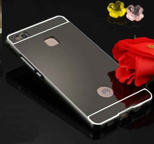 Луксозен алуминиев бъмпер с твърд гръб за Huawei P9 Lite - тъмно сив / огледален